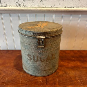 Vintage Metal Sugar Tin Light Green Beige with Clasp Lid LISK Extra Heavy Tinware Rustic Kitchen Canister Farmhouse Pantry Decor