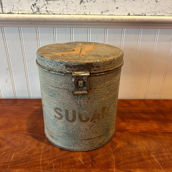 Vintage LISK Sugar Tin: Light Green Rustic Farmhouse Canister