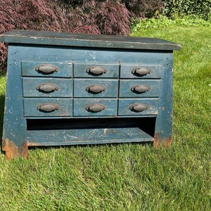 Antique Blue Apothecary Cabinet: Primitive Coastal Storage, 38&quot; Wide