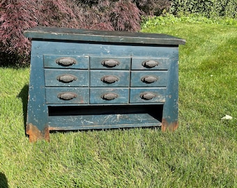 Antique Blue Apothecary Cabinet: Primitive Coastal Storage, 38" Wide