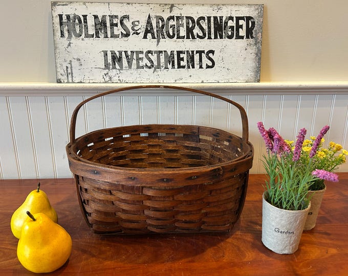 Antique 19th Century Oak Splint Gathering Basket Rustic Farmhouse ...