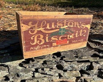 Antique Wood Crate Biscuit Box Vintage Wooden Crate Vintage Crate Huston Biscuit Crate Auburn Maine Advertising Crate Wooden Biscuit Crate