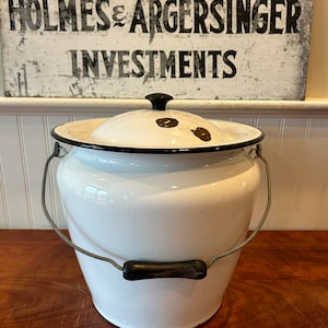 Vintage White Enamelware Bucket with Lid: Black Trim Farmhouse Decor