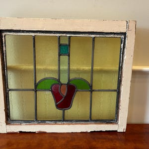 Antique English Stained Glass Window: Cottage Style Leaded Glass Decor (18” x 21”)