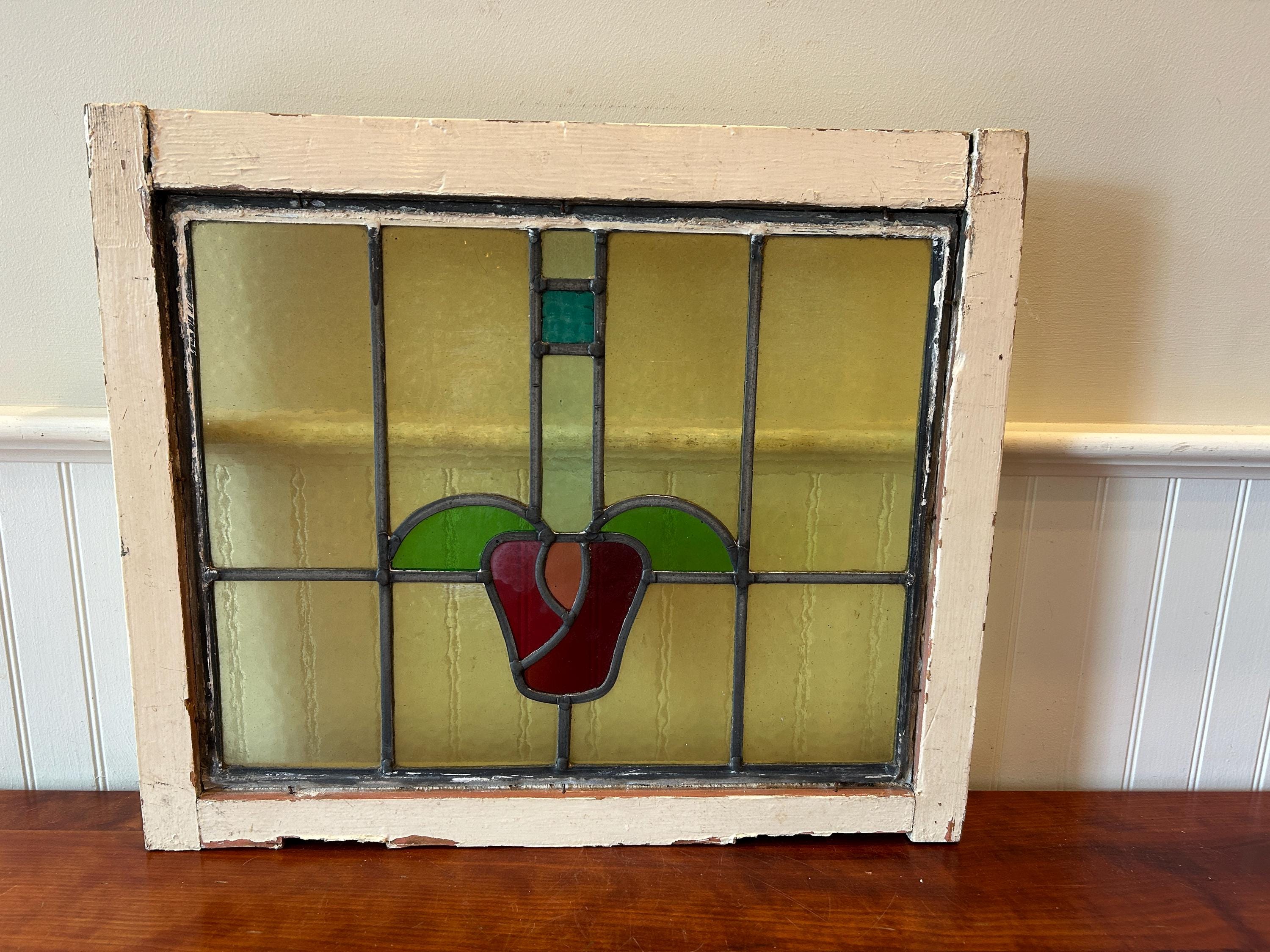 Antique English Stained Glass Window: Cottage Style Leaded Glass Decor (18” x 21”)