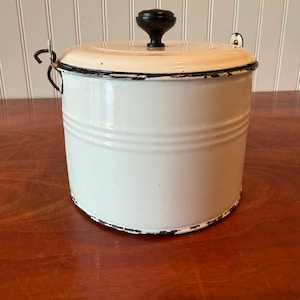 Vintage Enamel Berry Pail White Black Trim Farmhouse Kitchen Decor