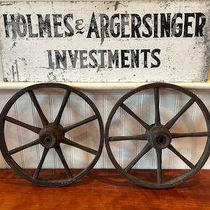 Pair of 11&quot; Vintage Wooden Wagon Wheels with Metal Rims – Rustic Farmhouse Decor or Wall Art – Antique Cart Wheel Set - Farmhouse Style