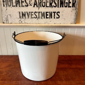 Vintage White Enamelware Bucket: Black Trim Farmhouse Decor