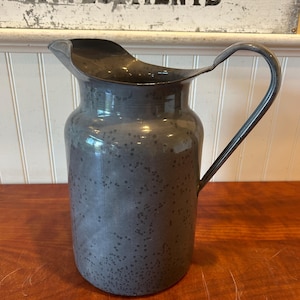 Vintage Enamelware Pitcher Vintage Speckled Gray Enamel Pitcher Large Farmhouse Jug 10&quot; Tall Rustic French Country Water Jug Kitchen Decor