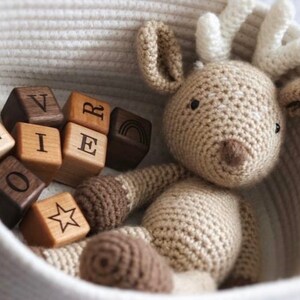 May include: A crocheted deer toy with a light brown body, white antlers, and dark brown accents sits in a woven basket. Wooden blocks spelling "OLIVER" and featuring a star and rainbow are scattered around the deer.