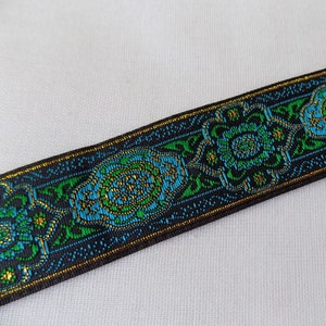 Green and blue jacquard ribbon, 30 mm woven jacquard trim by the yard, Geometric ribbon trim