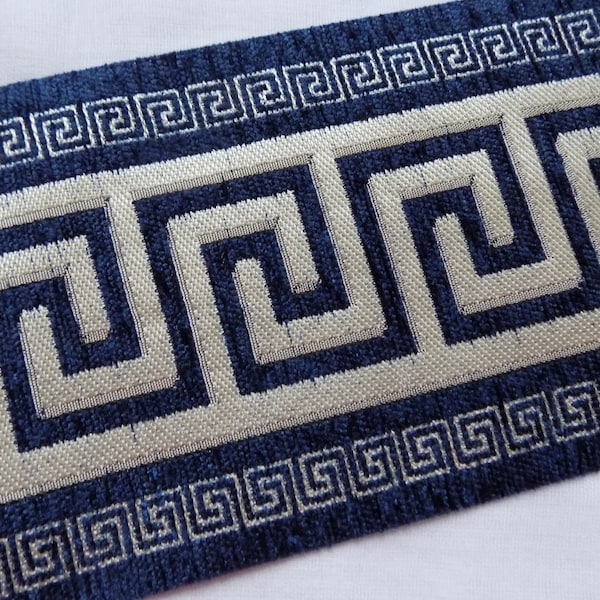 Blue and cream Curtain trim tape, Greek key Jacquard ribbon, 12 cm decorative trim by the yard