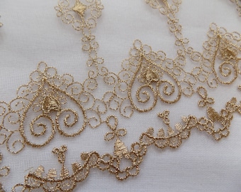 Cream and gold lace trim, 6 inch Embroidered Tulle lace, Metallic Lace trim by the yard