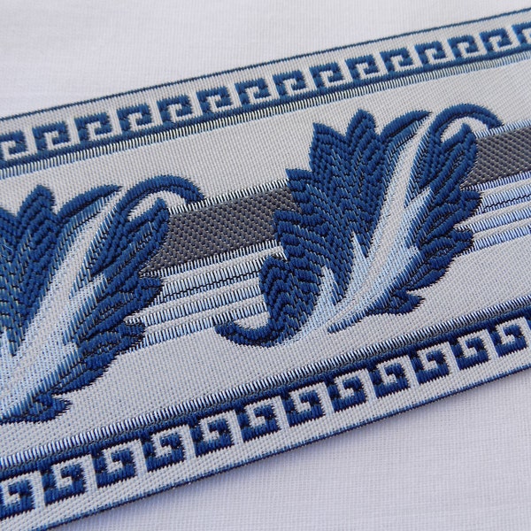 Blue and gray Curtain trim tape, 90 mm Leaf jacquard ribbon by the yard, Wide tape trim for curtains