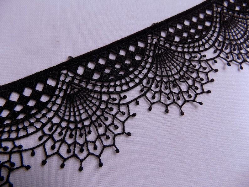 May include: Close-up of a black lace trim with a scalloped edge. The trim features a repeating pattern of openwork designs, including diamond shapes and fan-like motifs. The lace is set against a white background.
