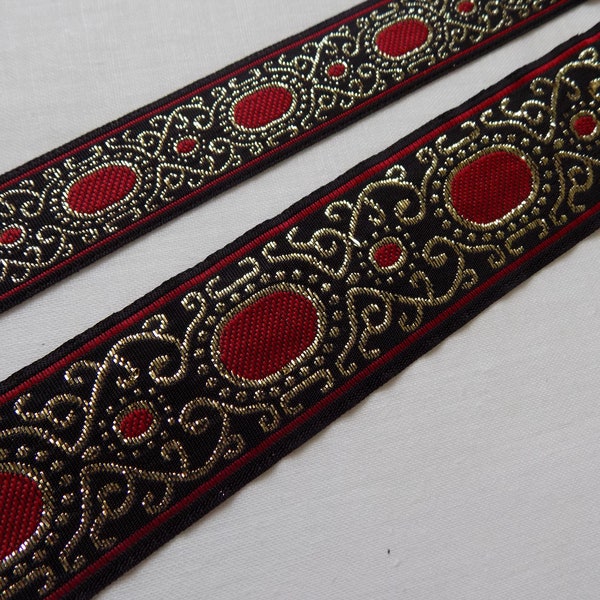 Ruban jacquard noir, rouge et or, garniture jacquard par mètre