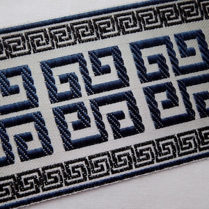 Navy blue Curtain trim tape, Greek key Jacquard ribbon, 90 mm decorative trim by the yard