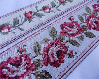Red rose Curtain trim tape, wide woven ribbon trim by the yard, rosebud jacquard trim