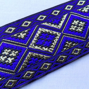 Blue and gold jacquard ribbon, 50 mm geometric jacquard trim by the yard