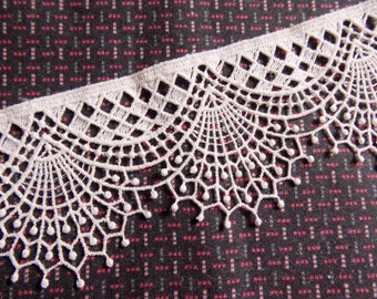 May include: White lace trim with a scalloped edge and a delicate floral pattern. The lace is on a dark fabric background.