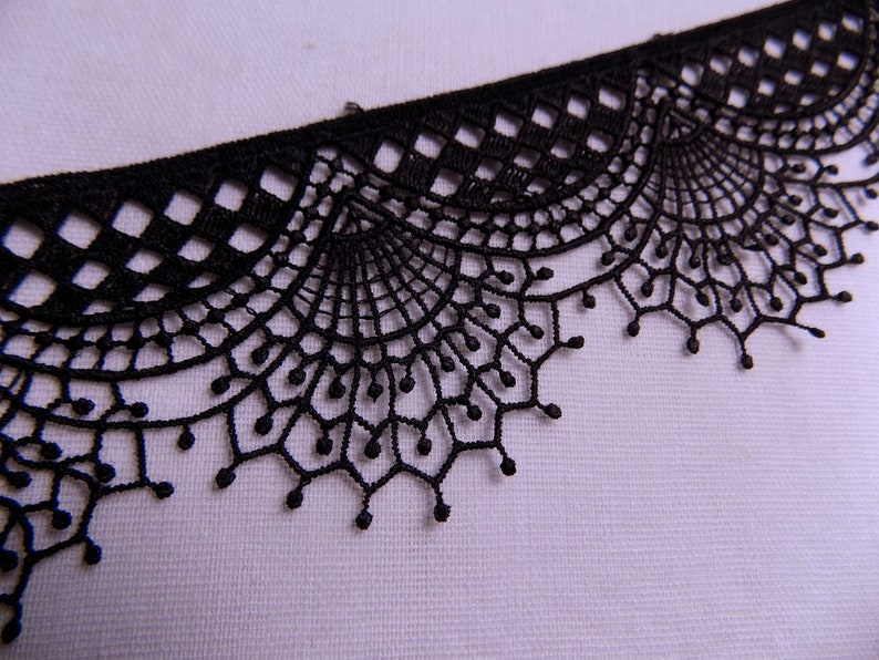 May include: Close-up of black lace trim with a scalloped edge. The lace features a geometric pattern at the top and a delicate, web-like design with small beaded details along the bottom edge. The trim is against a white background.