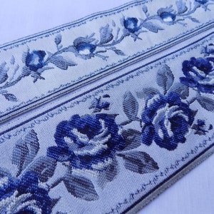 Blaues Rosenvorhangband, breites Webband Zierband Meterware, Rosenknospen-Jacquardborte