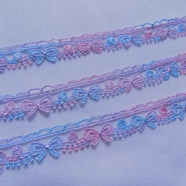 Blue and pink lace, Rainbow Lace Trim by the yard, 15 mm Colorful unicorn lace, Bow Venice lace trim