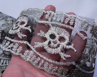 Skull lace trim, Black / White tulle lace with metallic embroidery, Metallic Lace trim by the yard