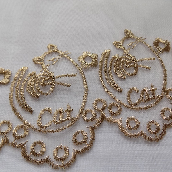 Cat lace trim gold, 5 inch Embroidered Tulle lace, Metallic Lace trim by the yard