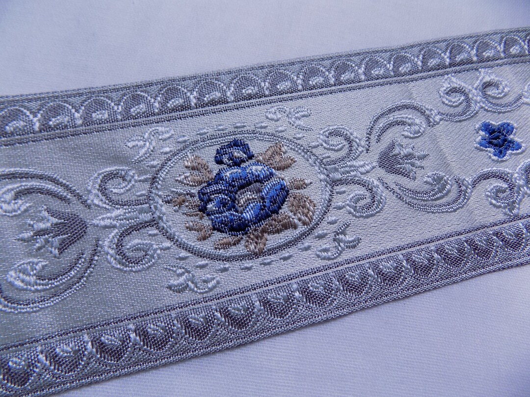 Gray and Blue Curtain Trim Tape, Floral Jacquard Ribbon, Wide Woven