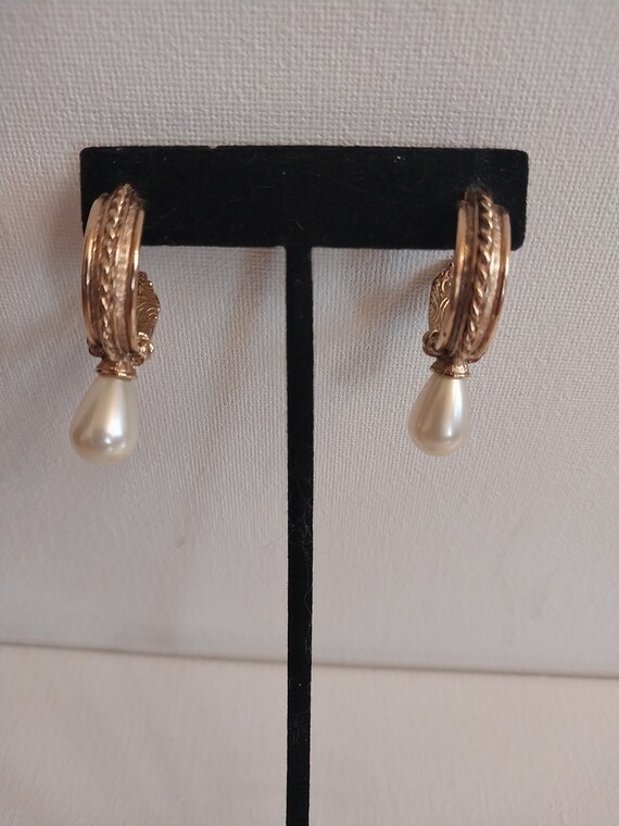 Monet Semi-Hoop Gold Tone Earrings With Faux Pearl