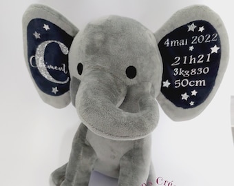 Belle peluche éléphant personnalisée Naissance (prénom, date, poids, taille et heure)