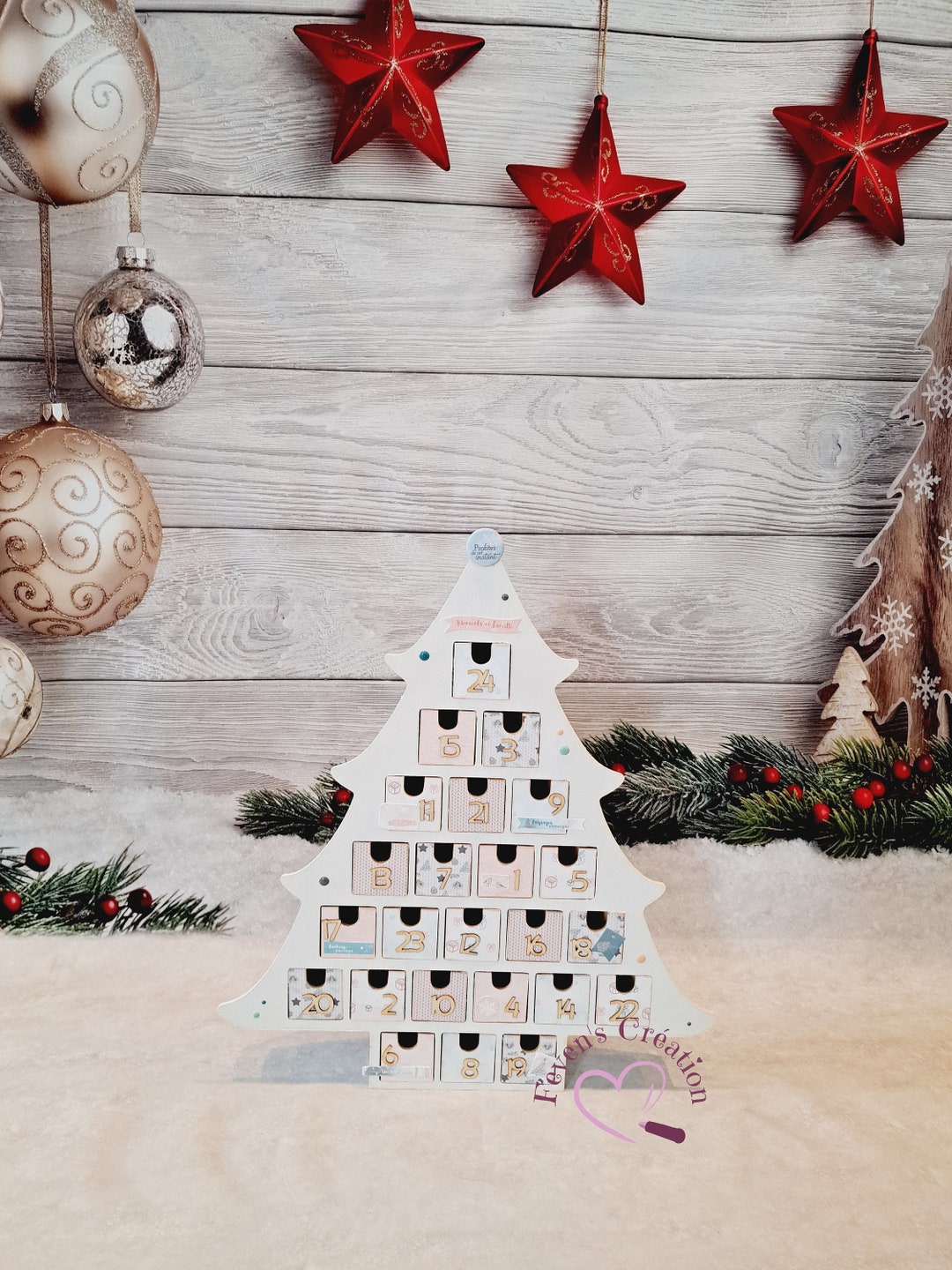 Calendrier de l'Avent en bois 24 tiroirs 36 x 8.5 x 50 cm Maison