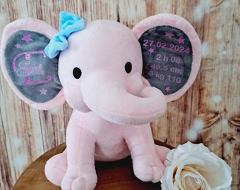 Belle peluche éléphant personnalisée Naissance (prénom, date, poids, taille et heure)