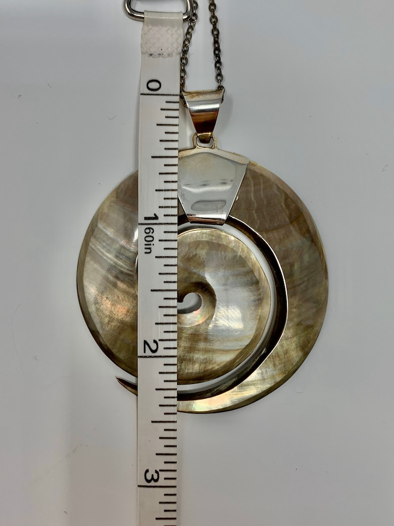 Vintage Mid-Century Modernist Mother of Pearl Shell Spiral Cutout Sterling Silver Pendant with Chain