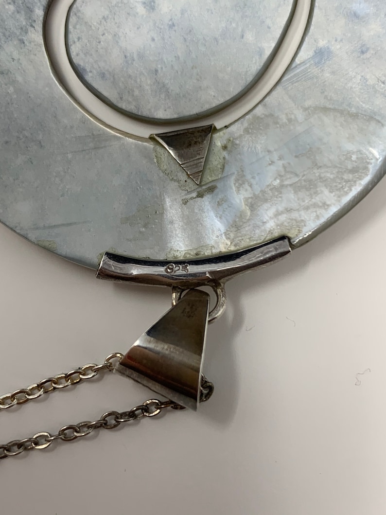 Vintage Mid-Century Modernist Mother of Pearl Shell Spiral Cutout Sterling Silver Pendant with Chain