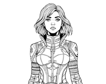 May include: Black and white line art illustration of a woman with short hair wearing a futuristic, detailed, and intricately designed outfit.