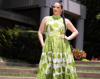Mafarki Green African Print Àdìrẹ Hand Dyed Maxi Dress | Floor Length | Ankara | Halter | Plus Size Colorful African Dress | Gown | Vacation
