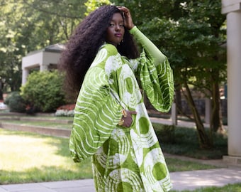 Green Mix Print Kimono | Àdìrẹ Hand Dyed | African Print Jacket | Puff Sleeves | Circle Print | Cotton Robe | Ankara | Plus Size | Womens