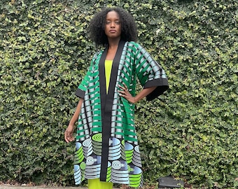 Green African Print Duster. African Kimono. African Robe. Full Length. Multi Color Jacket.Plus Size African Jacket. Women African Fashion