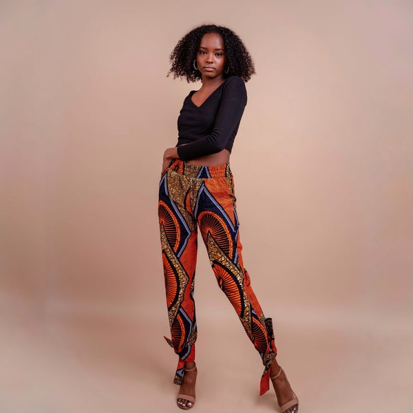 Sayo African Print Jogger Pants | High Waist Pants | Jogger Pants| Tie-hem|Wax Print Trousers | African Outfits For Women | Multicolor Pants