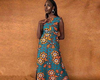 Camellia African Print Dress. Maxi Dress. Wax Print. African Print Dress.Long Dress. Holiday Dress.African Women's Outfit. Kwanzaa. Pockets