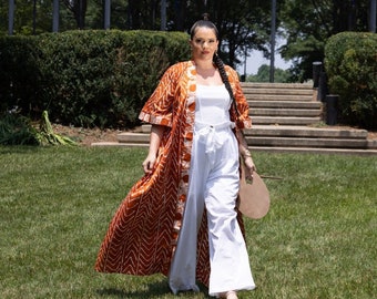 Orange African Print Duster. African Kimono. African Robe. Full Length. Multi Color Jacket.Plus Size African Jacket. Women Ankara Fashion