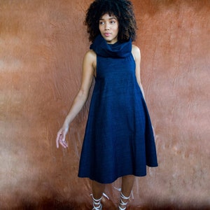 Black Woman Wearing Blue African Denim Print Cowl Neck Dress from Besida