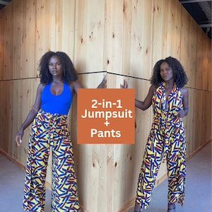 2-in-1 Pants to Jumpsuit |Abstract Print | Yellow | Wide Leg Pants| African Outfits For Women | Jumpsuit | Funky | Halter Neck | Retro