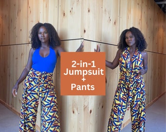 2-in-1 Pants to Jumpsuit |Abstract Print | Yellow | Wide Leg Pants| African Outfits For Women | Jumpsuit | Funky | Halter Neck | Retro