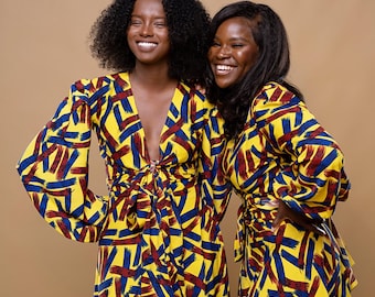 Rume African Print Crop Wrap Blouse. Abstract Print. Yellow. Multi-way. Markings. Ankara Top. Women Fashion. Floral. Colorful. Puff Sleeve