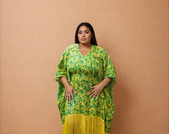 Palm Green Yellow Fringe Kaftan Dress