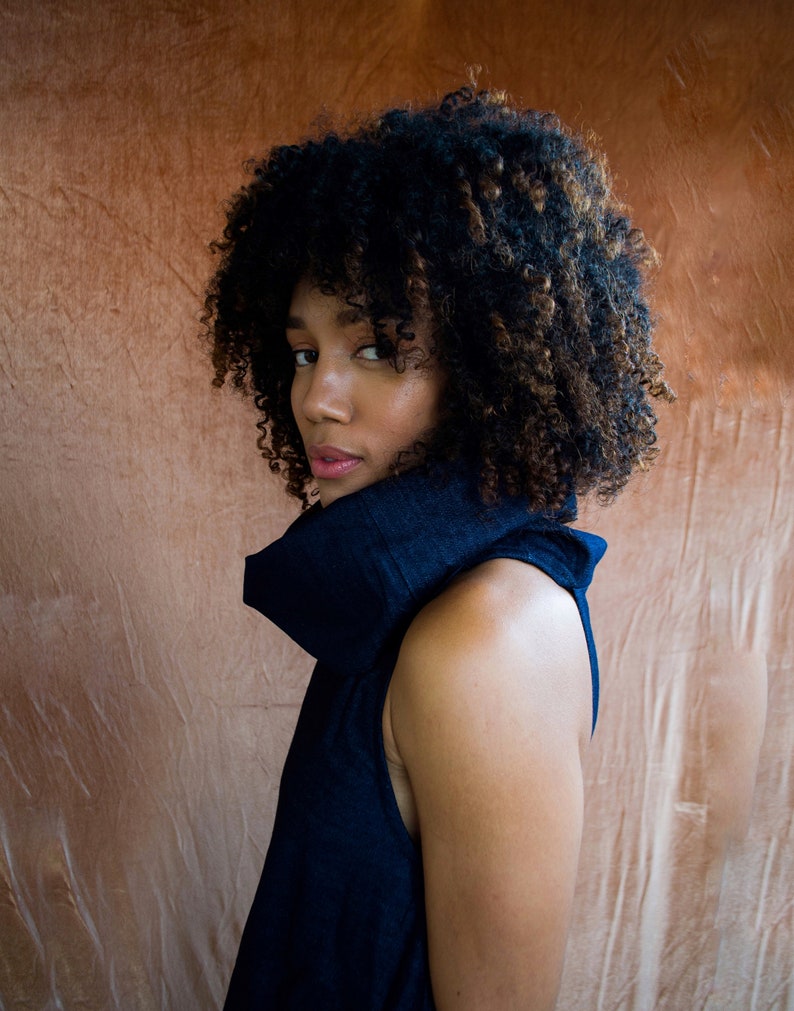 Black Woman Wearing Blue African Denim Print Cowl Neck Dress from Besida