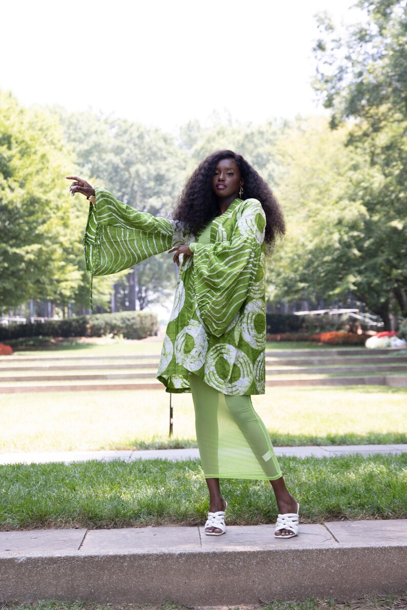 Green Mix Print Kimono | Àdìrẹ Hand Dyed | African Print Jacket | Puff ...